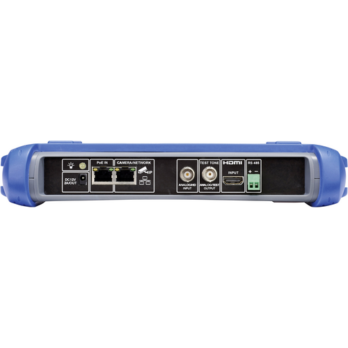 Rückseite eines blauen elektronischen Geräts mit verschiedenen Anschlüssen: DC, HDMI, RS-485, zwei runde Anschlüsse und ein RJ-45 Netzwerkkabelanschluss.